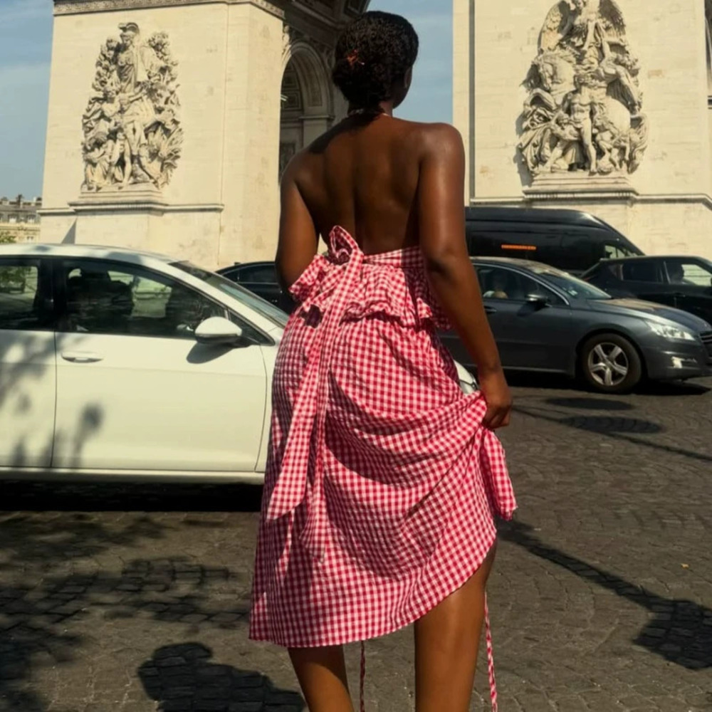 ZARA African Chic Sleeveless Halter Checkered Top and Ruched Skirt Set